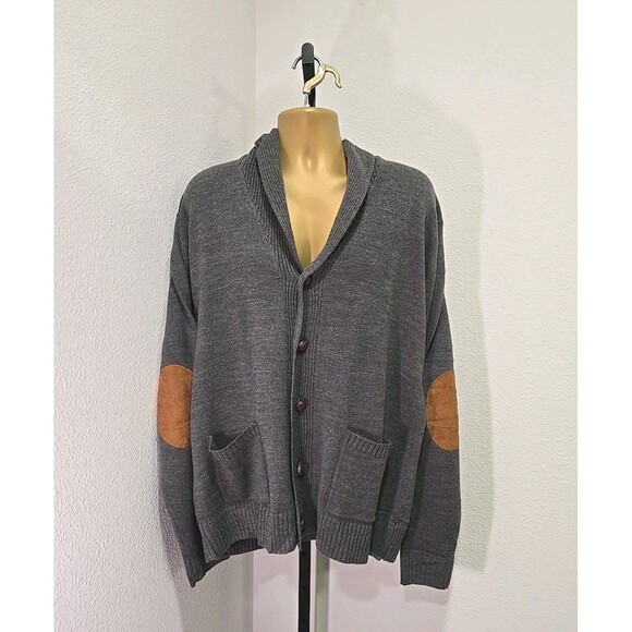 Academia Preppy Shawl Collar Gray Cardigan Sweater Elbow Patch Haband Mens Large - Picture 1 of 9